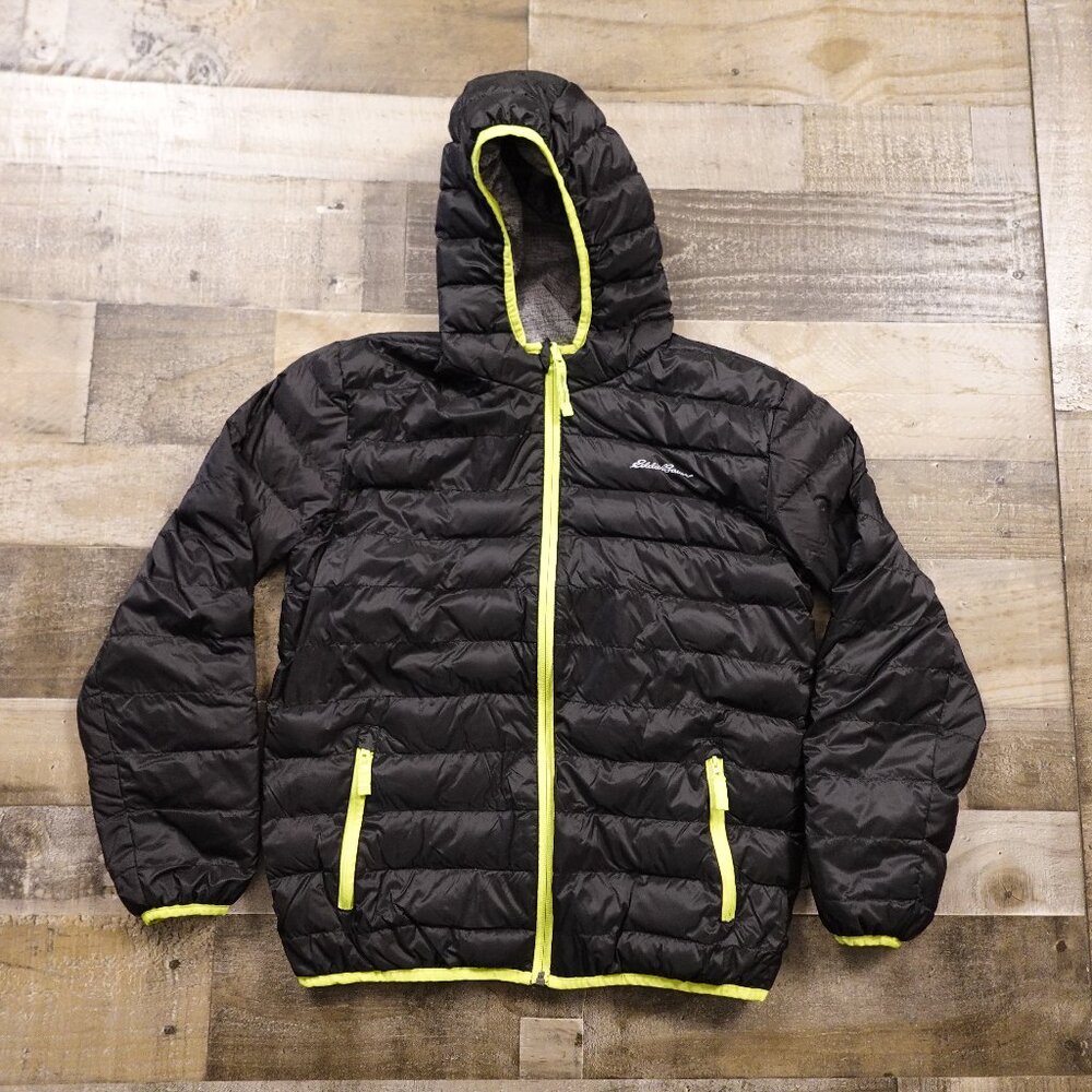 Eddie Bauer Kids Hooded Down Puffer Jacket Large (14/16) Black Neon Trim‎